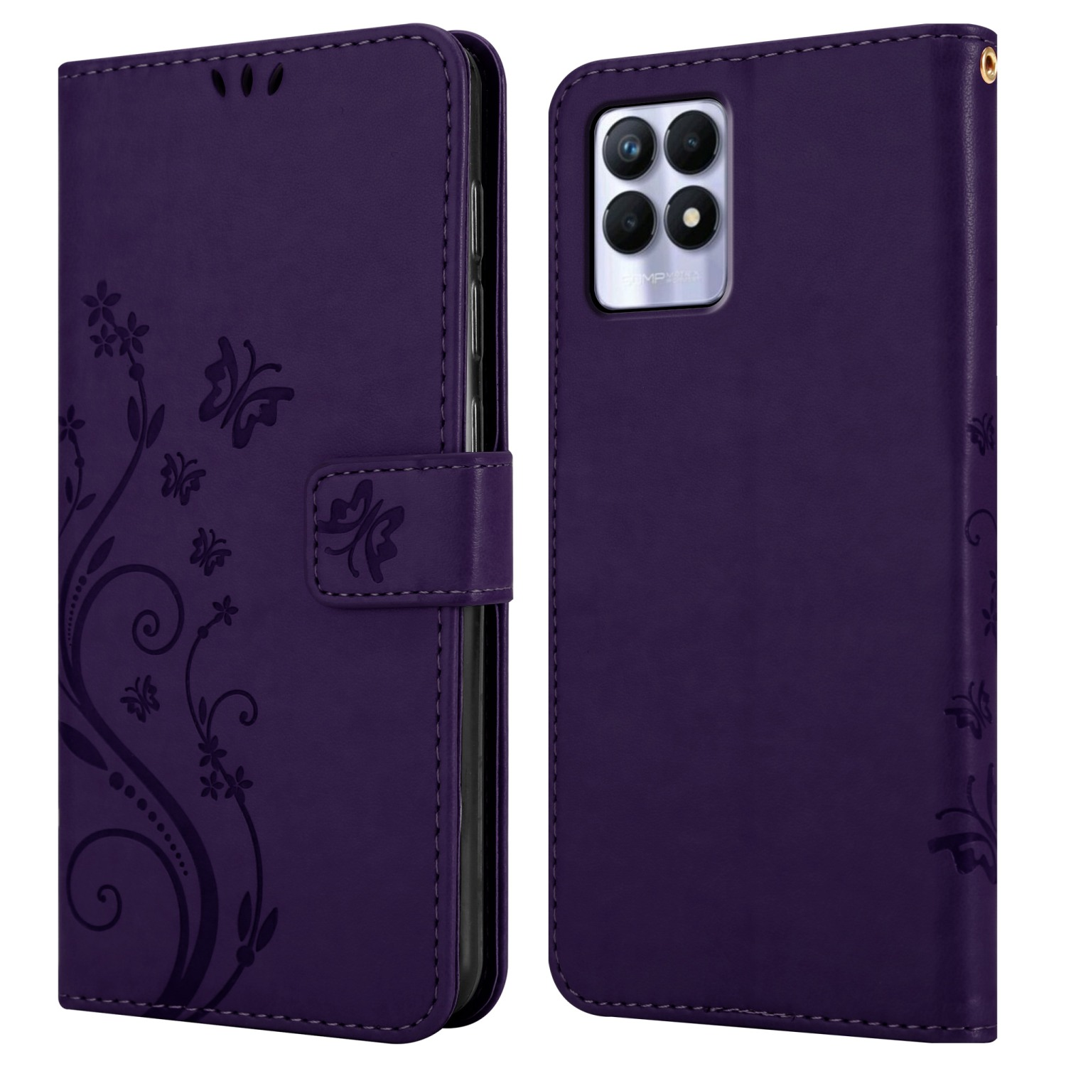 Custodia per telefono viola, aperta e chiusa. Con design floreale esterno e telefono all'interno.