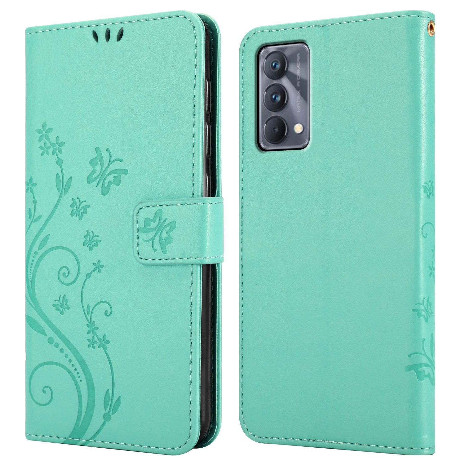 Custodia per telefono verde menta con un design floreale. Presenta una copertura e un retro. La custodia è verde menta.