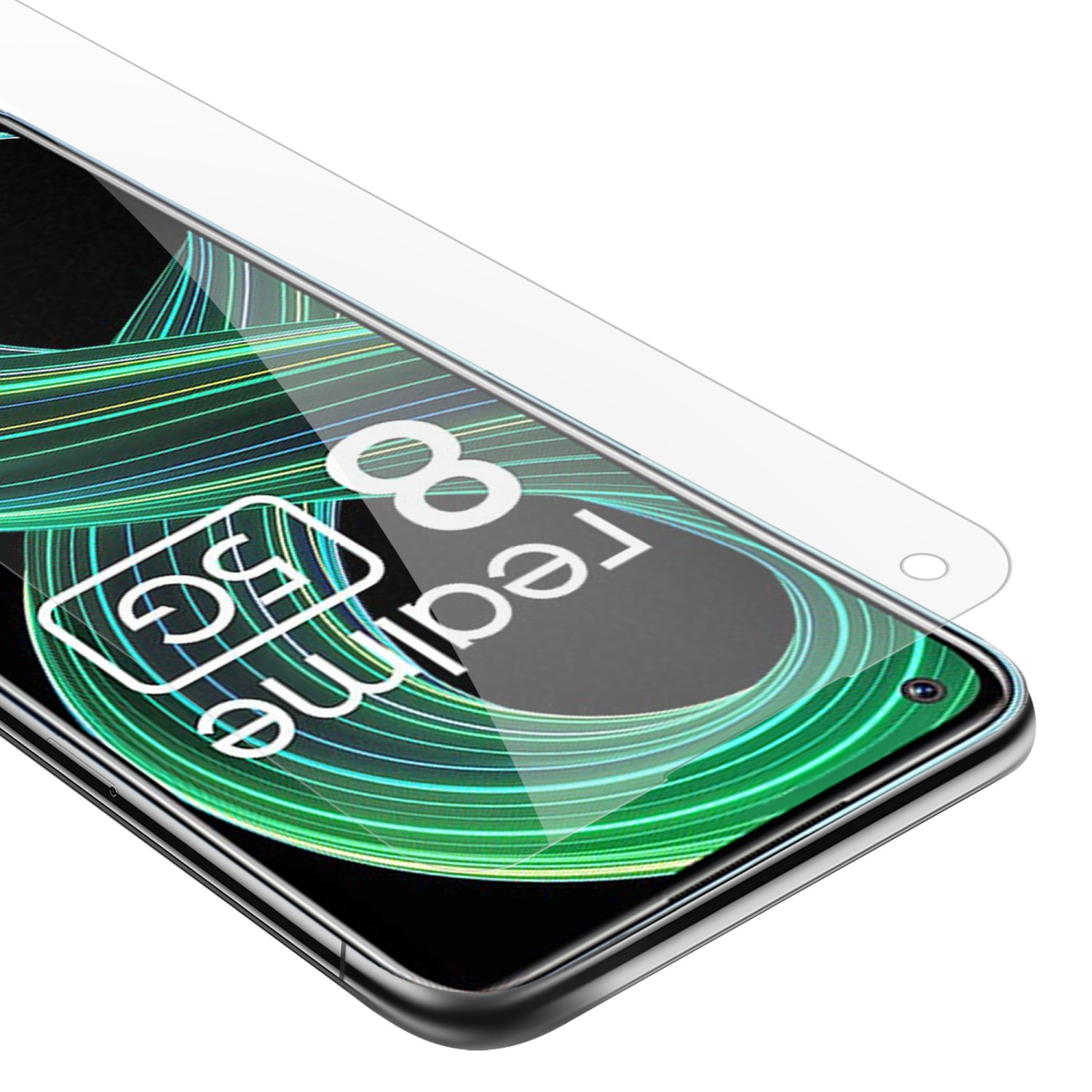 Pellicola protettiva su uno schermo del telefono. Logo Realme 8 visibile, con design verde e bianco.