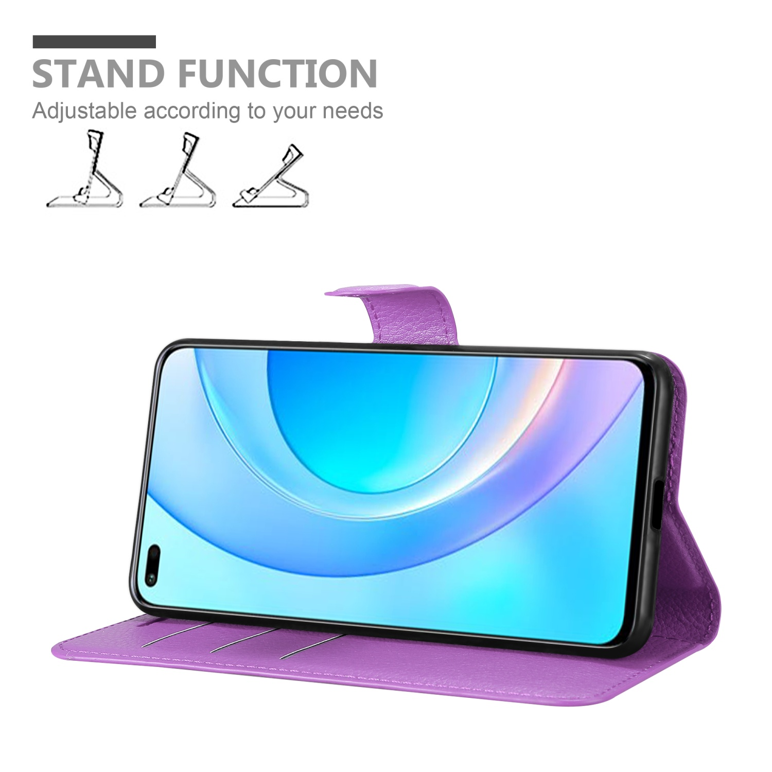Custodia per telefono viola in posizione verticale con un telefono all'interno che mostra un'immagine colorata sullo schermo.