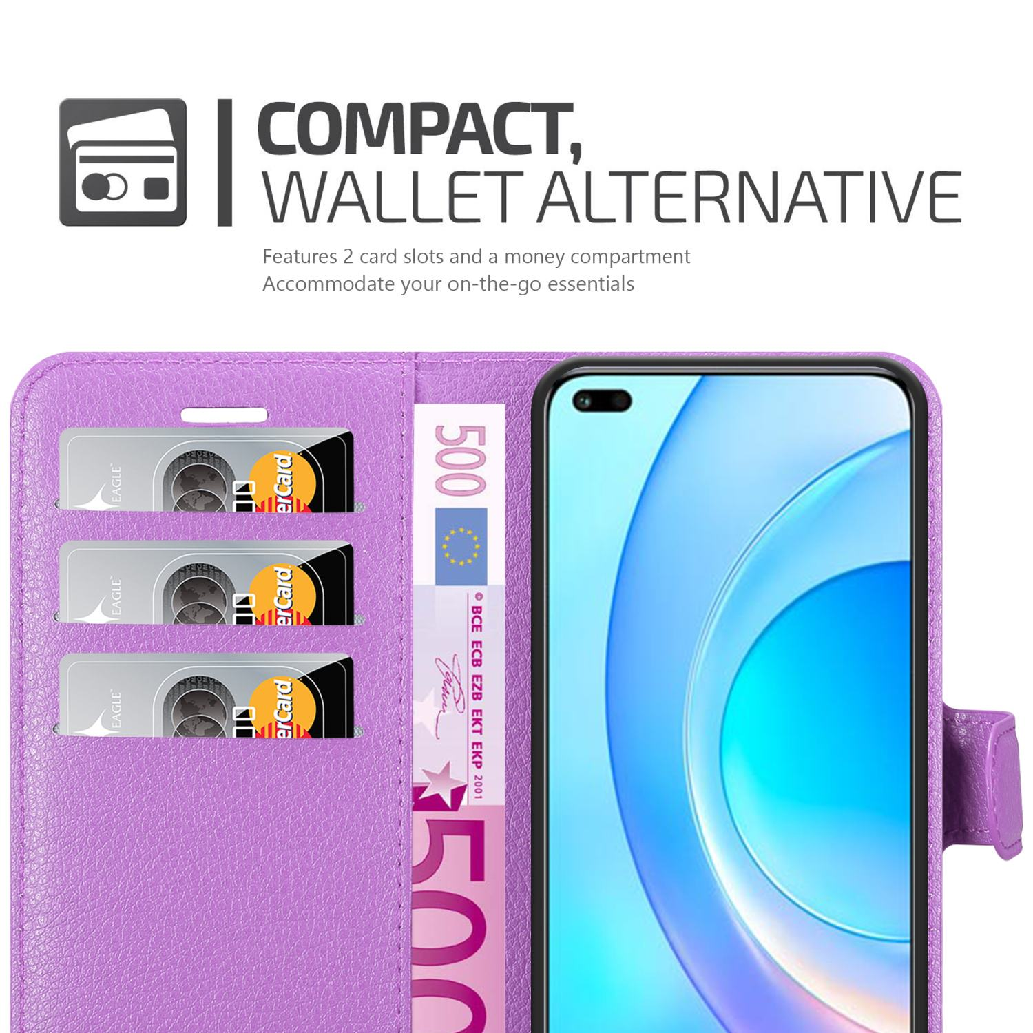 Custodia per telefono viola stile portafoglio aperta, che mostra carte, una banconota da 500 euro e un telefono.