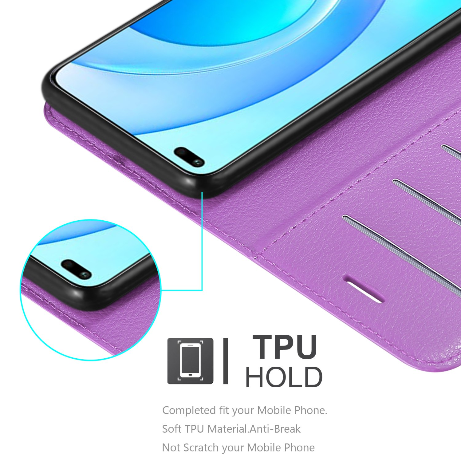 Una custodia per telefono viola aperta con un telefono nero all'interno. Il testo dice TPU HOLD e ci sono diagrammi.