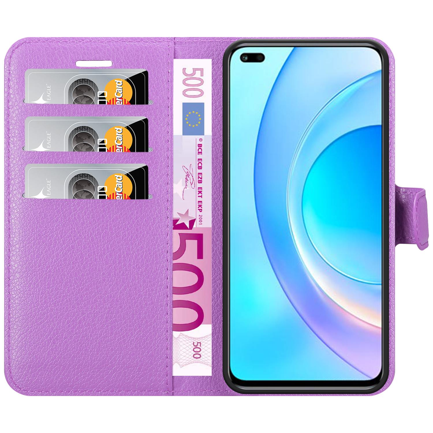 Custodia viola aperta, con telefono, tre carte e una banconota da 500 euro.