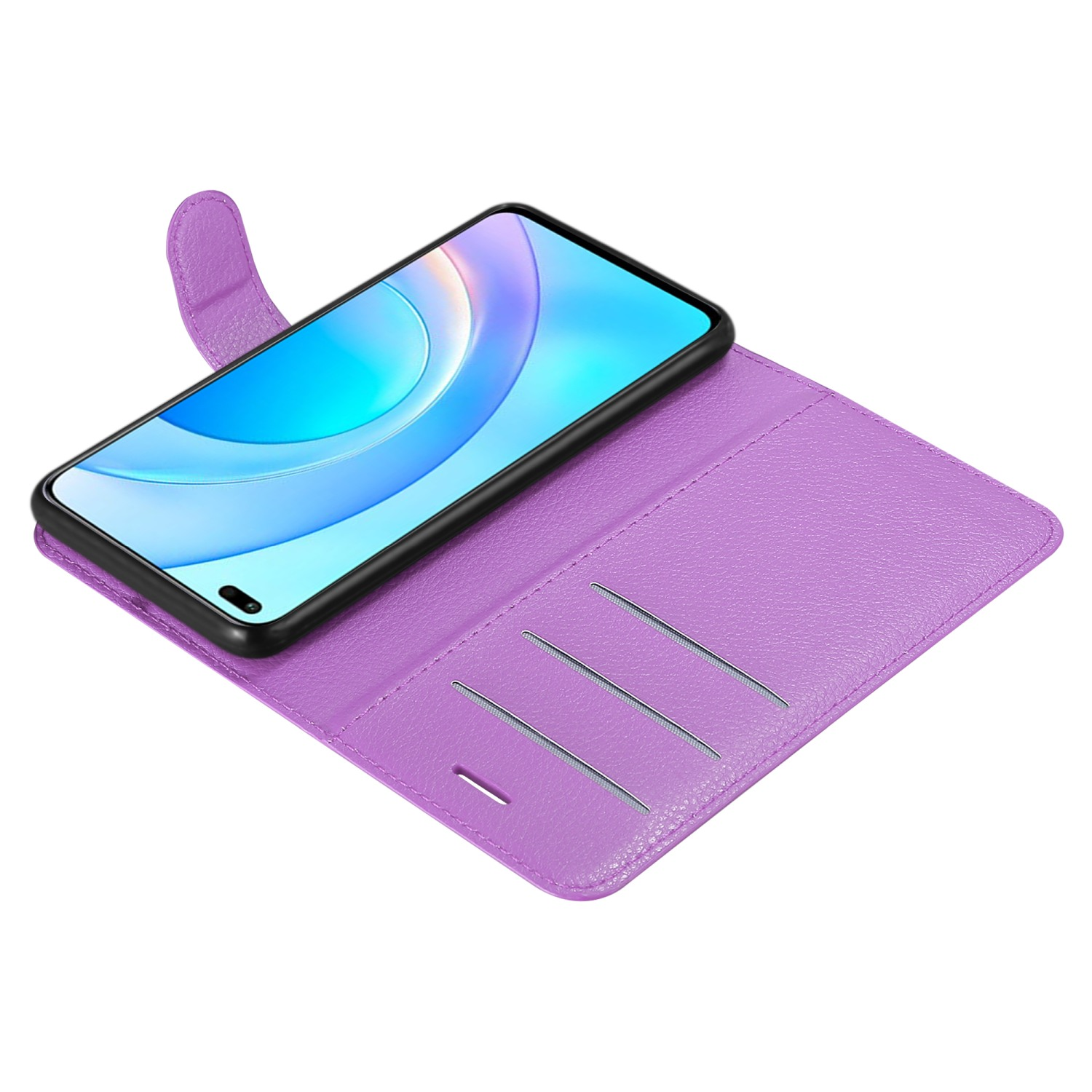 Una custodia per telefono viola aperta con un telefono all'interno. Tre fessure per carte visibili.