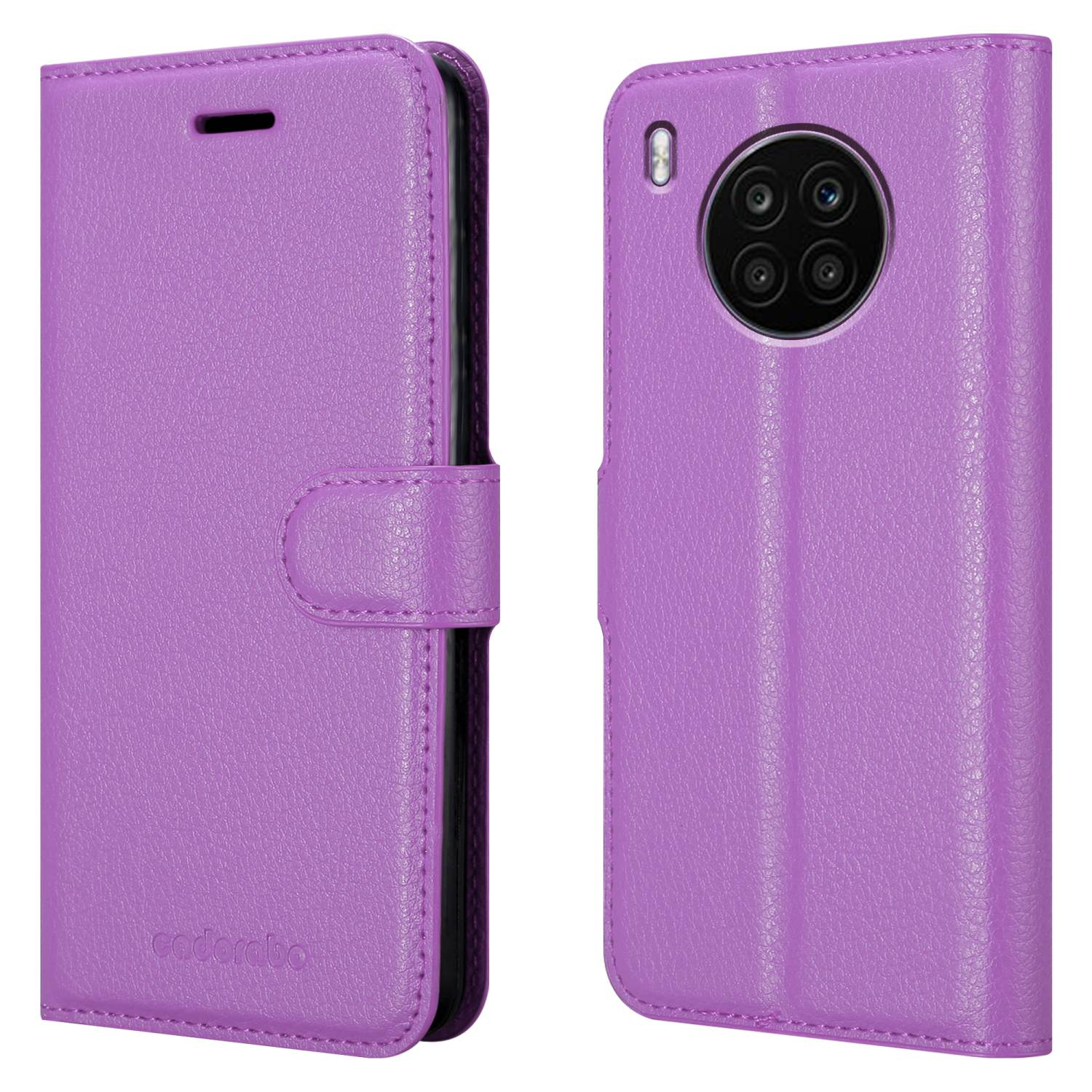 Custodia per telefono viola con flip cover. Il telefono ha un design della fotocamera circolare e una chiusura a bottone.