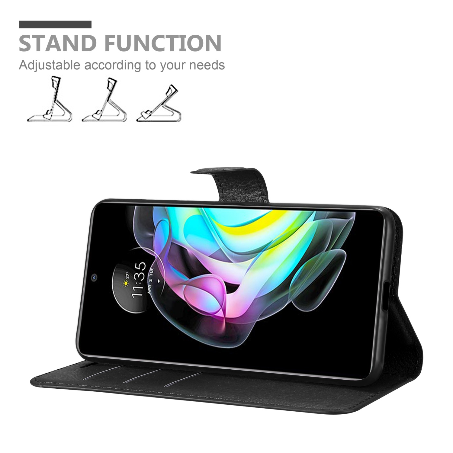 Custodia nera per telefono con funzione stand. Lo schermo mostra l'ora.