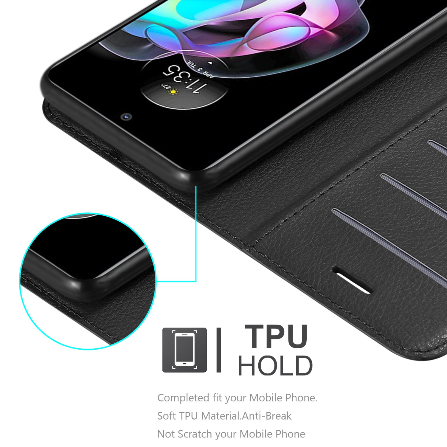 Custodia per telefono nera con telefono all'interno e testo e logo TPU HOLD, con sfondo bianco.