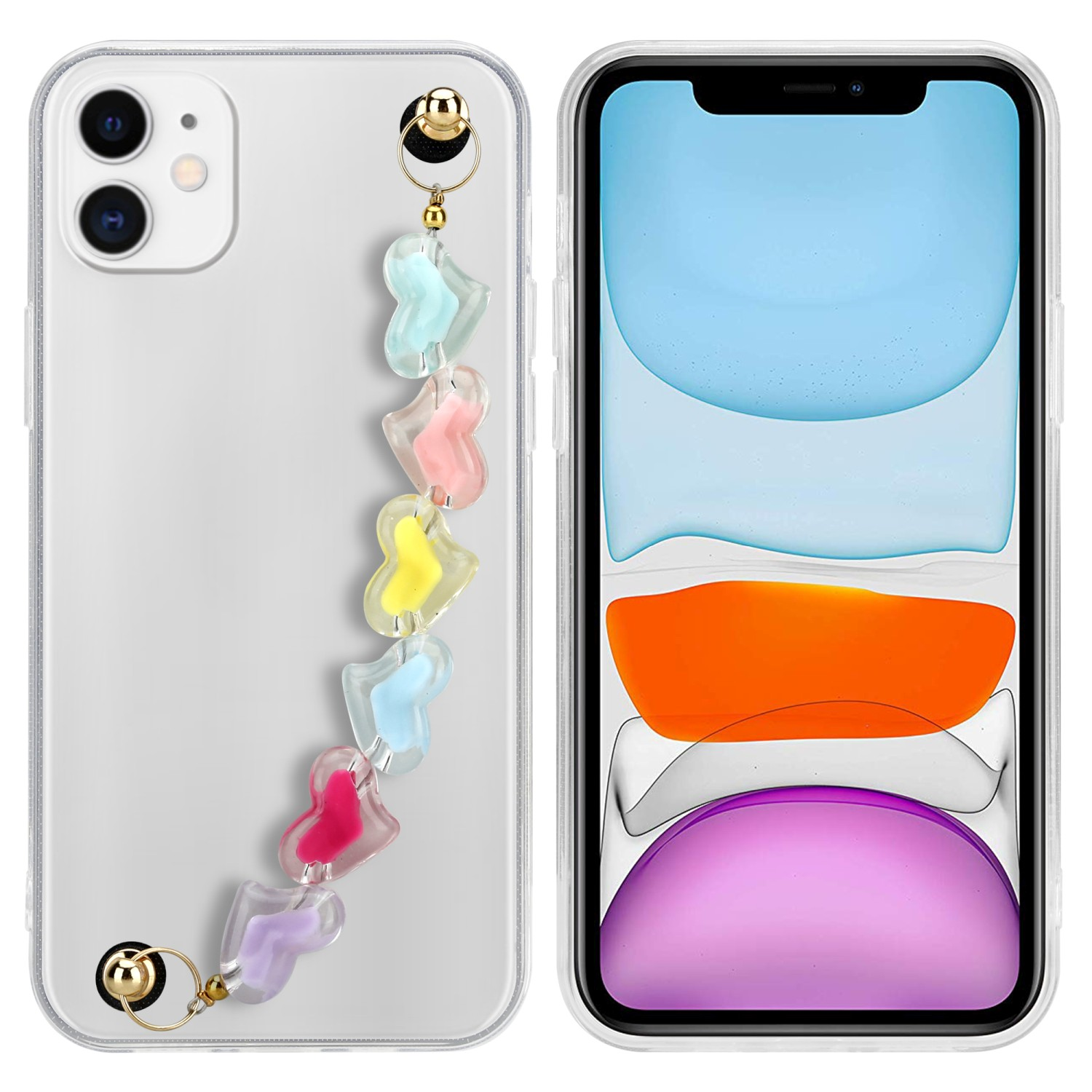 Transparente Handyhülle mit bunten herzförmigen Anhängern. Das Telefon zeigt einen blau-orangen Farbverlauf.