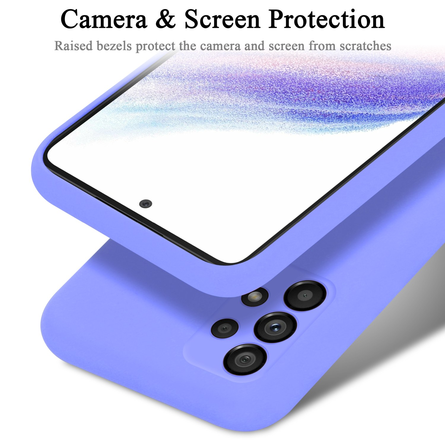 Blaue Handyhülle mit einem Telefon darin, Kamera und Bildschirm zeigend.
