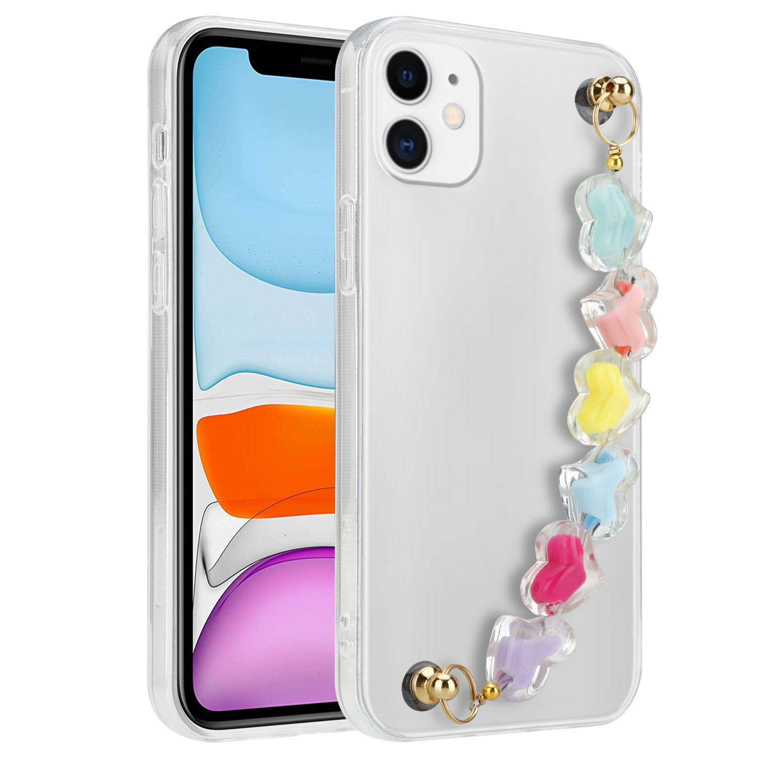 Transparente Handyhülle mit buntem Riemen. Buntes Herzdesign am Riemen. Telefon auf weißem Hintergrund.