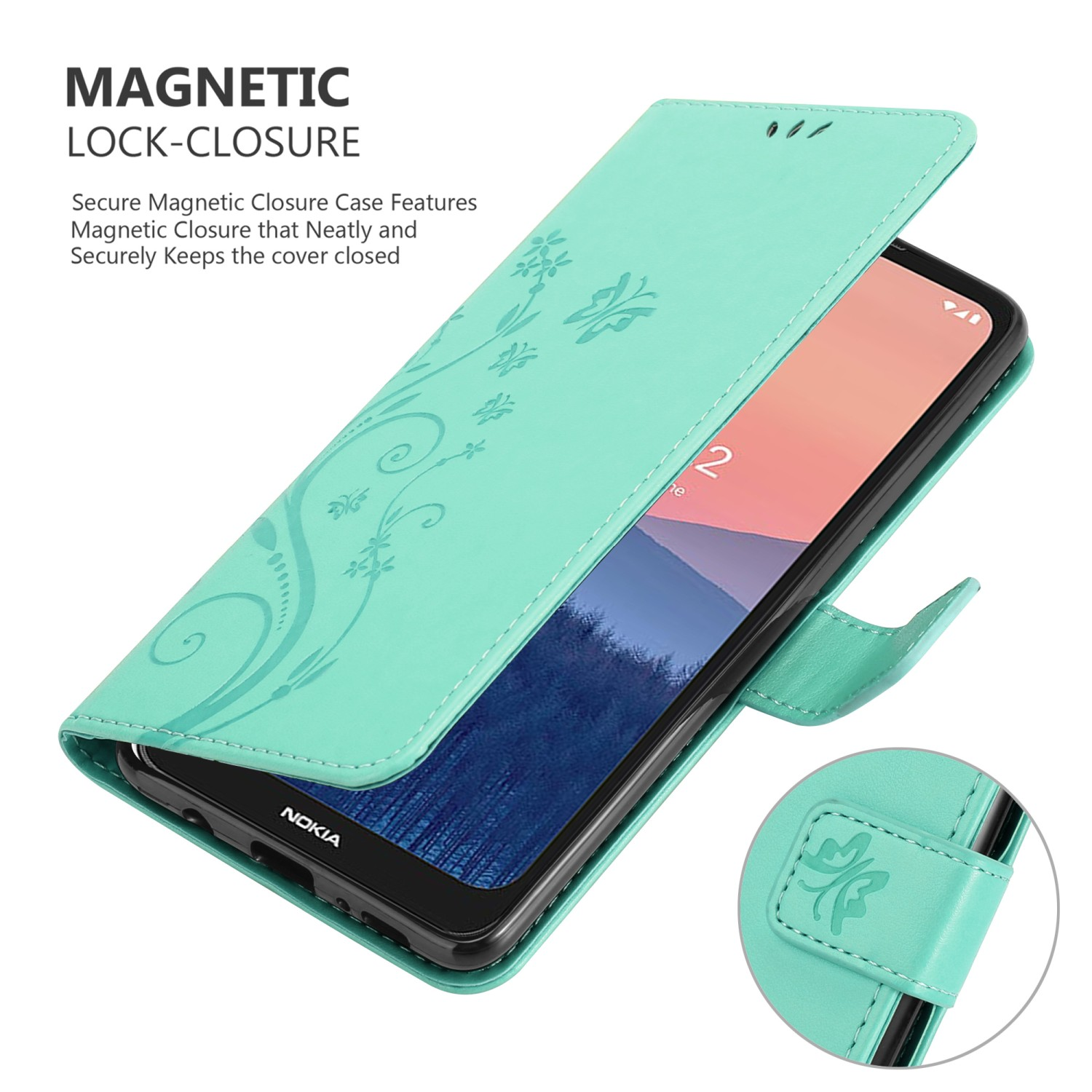 Custodia per telefono turchese aperta con design floreale. Telefono all'interno. Il dettaglio mostra la chiusura magnetica e un piccolo disegno.