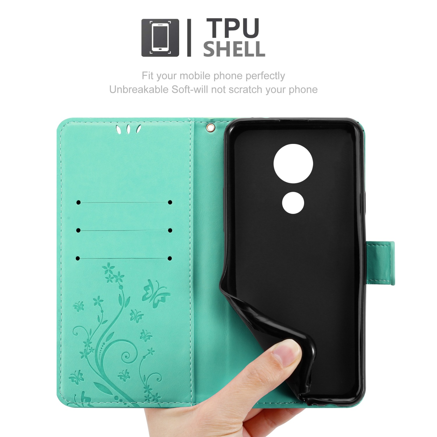 Custodia per telefono aperta con un telefono all'interno, che mostra una mano che lo tiene. Esterno verde menta.