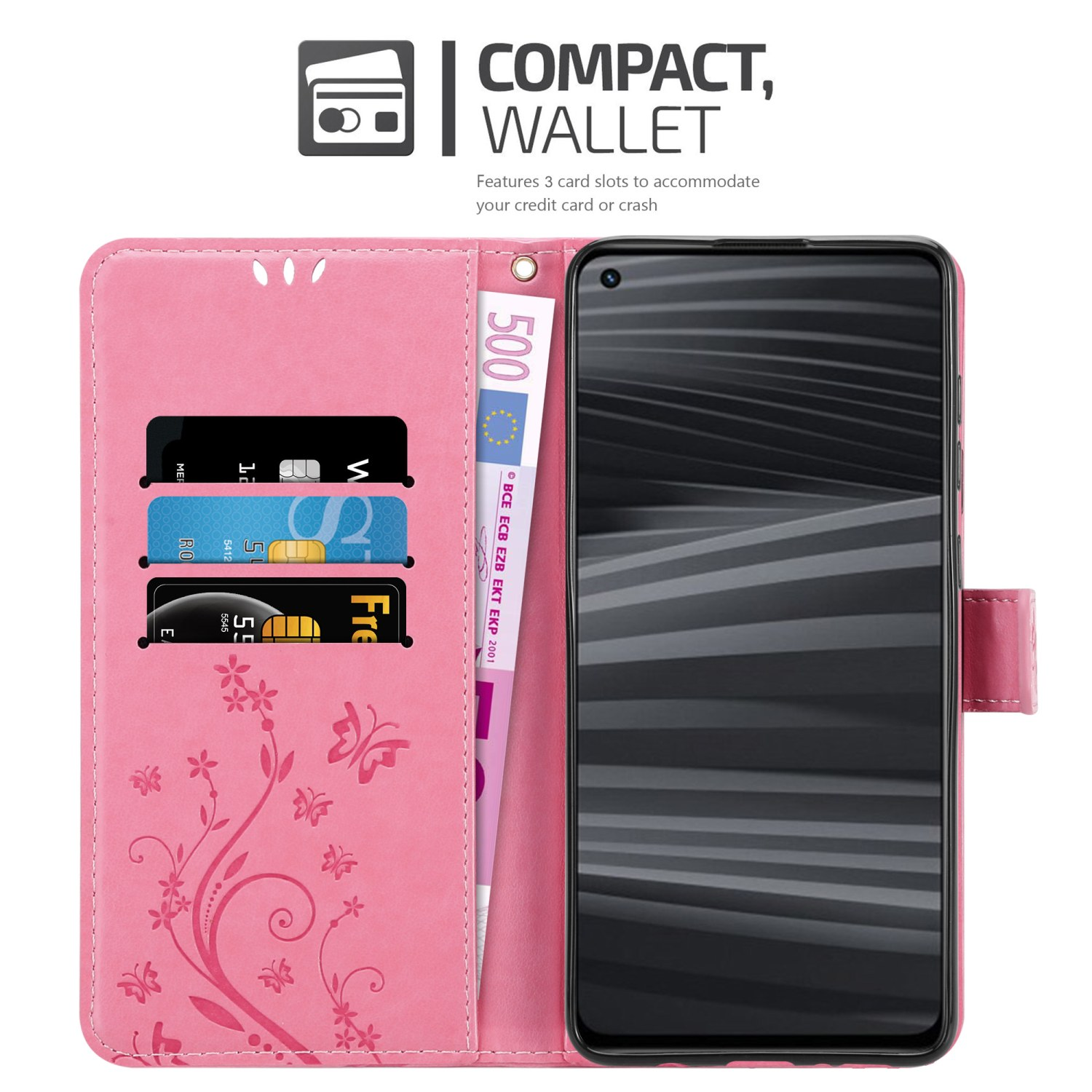 Portafoglio per custodia del telefono rosa, aperto, con carte, contanti e telefono. Design floreale all'interno.