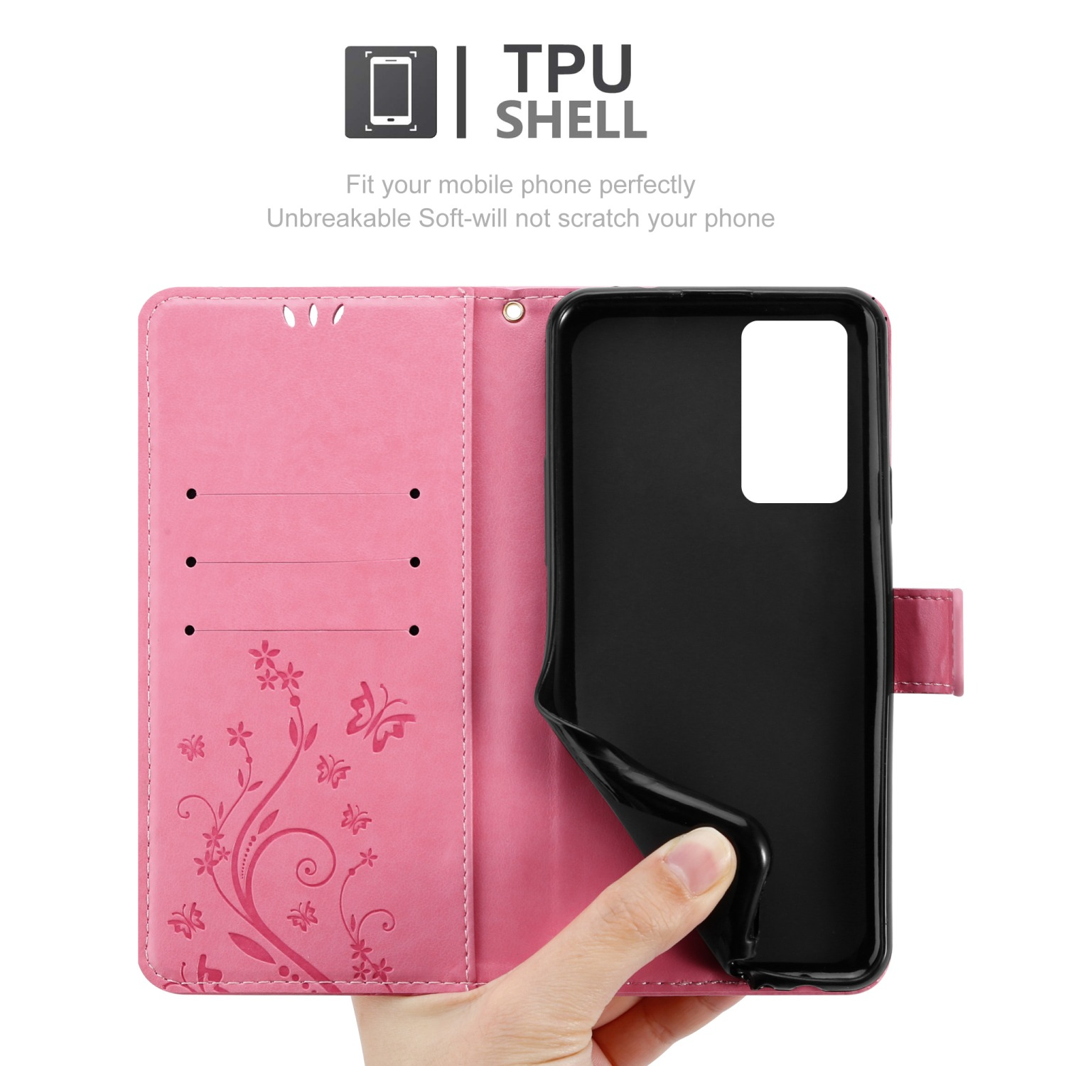 Una custodia per telefono rosa, aperta per rivelare un telefono. Design floreale all'interno.