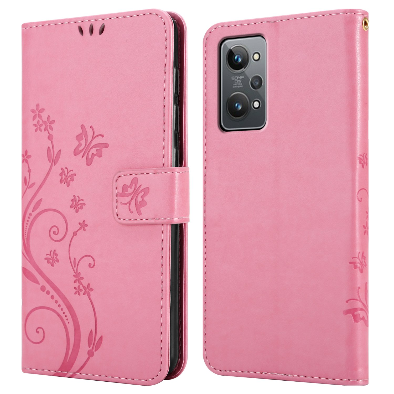 Custodia rosa per telefono. Aperta e chiusa. Design floreale sul lato sinistro. Telefono con fotocamera a destra.
