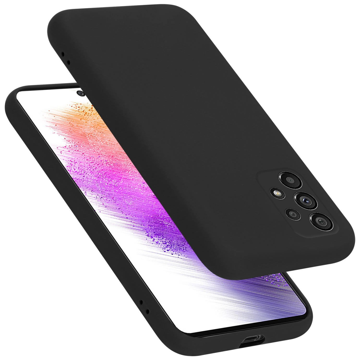 Schwarze Handyhülle auf einem Telefon. Das Telefon hat einen Bildschirm. Die Hülle bedeckt das Telefon.
