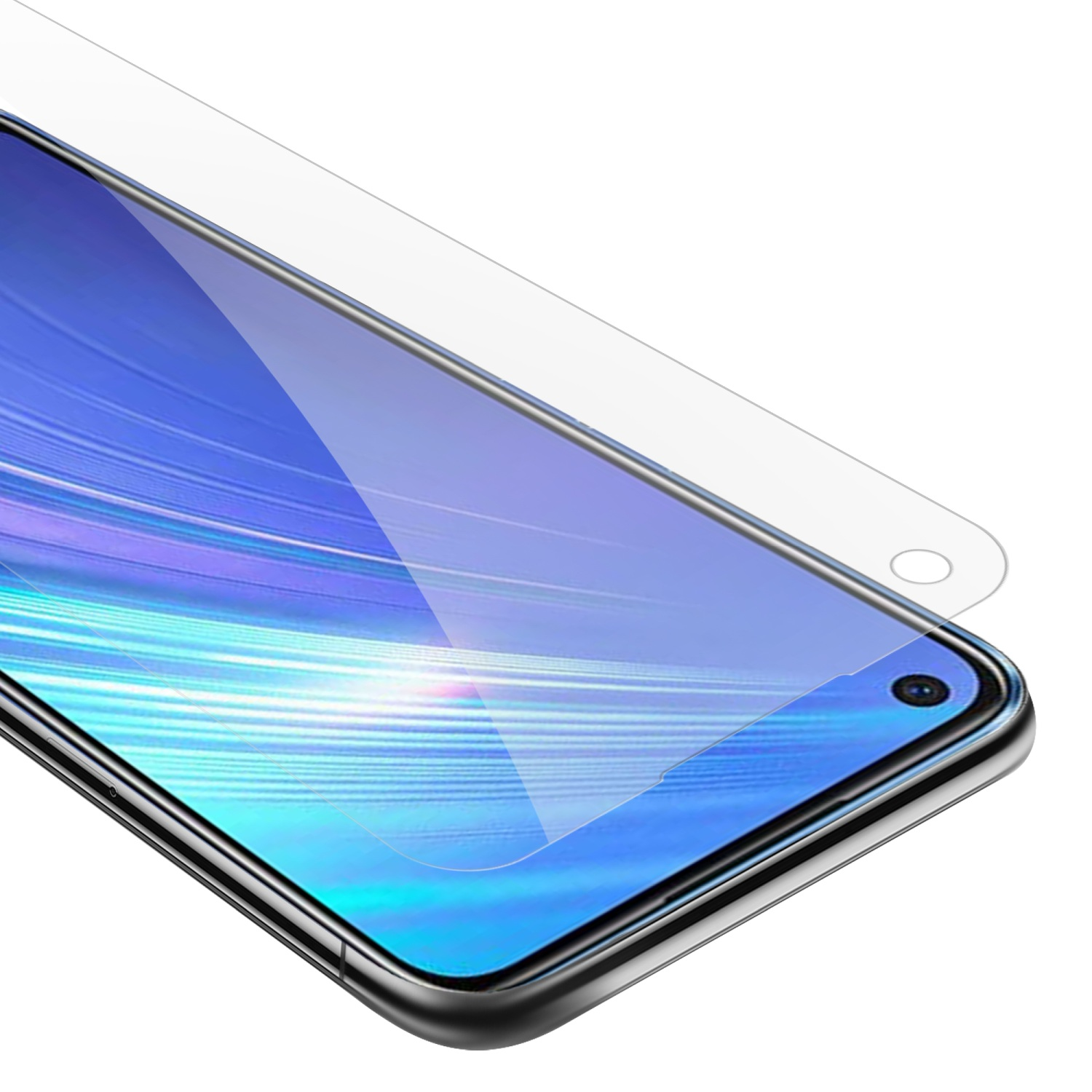 Un telefono con una protezione per lo schermo applicata. Il telefono mostra una sfumatura blu e viola.