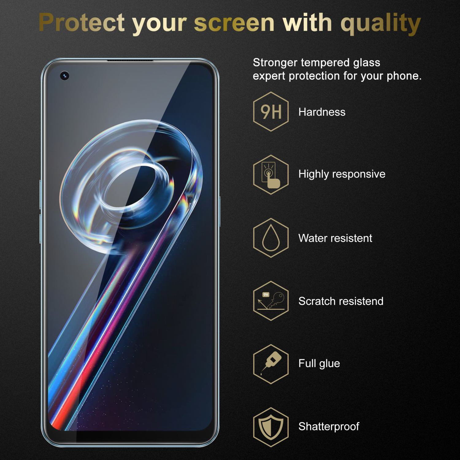 Uno smartphone con una protezione per lo schermo e alcune icone che indicano funzioni come durezza e resistenza all'acqua.