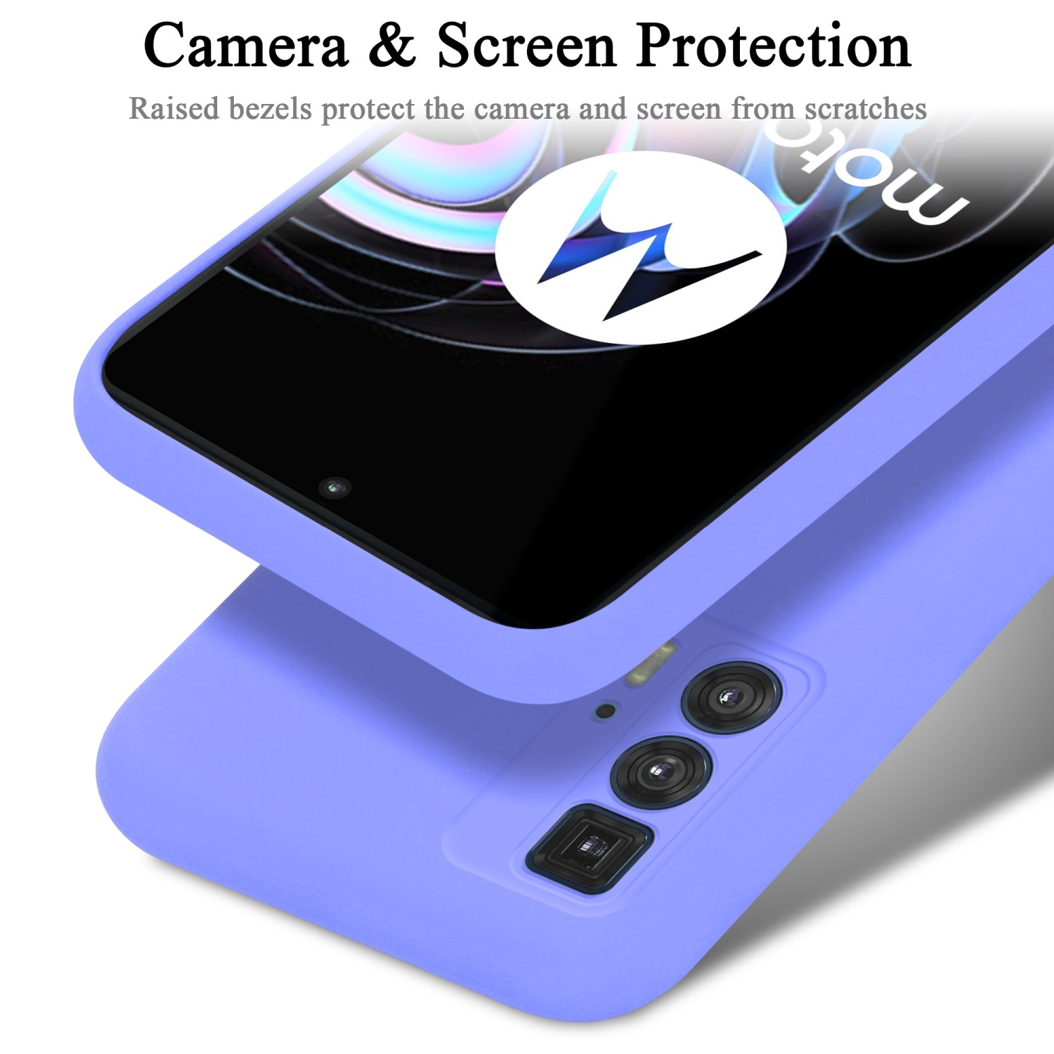 Una custodia per telefono viola con schermo nero, sopra un'altra custodia viola. Il testo evidenzia la protezione della fotocamera e dello schermo.