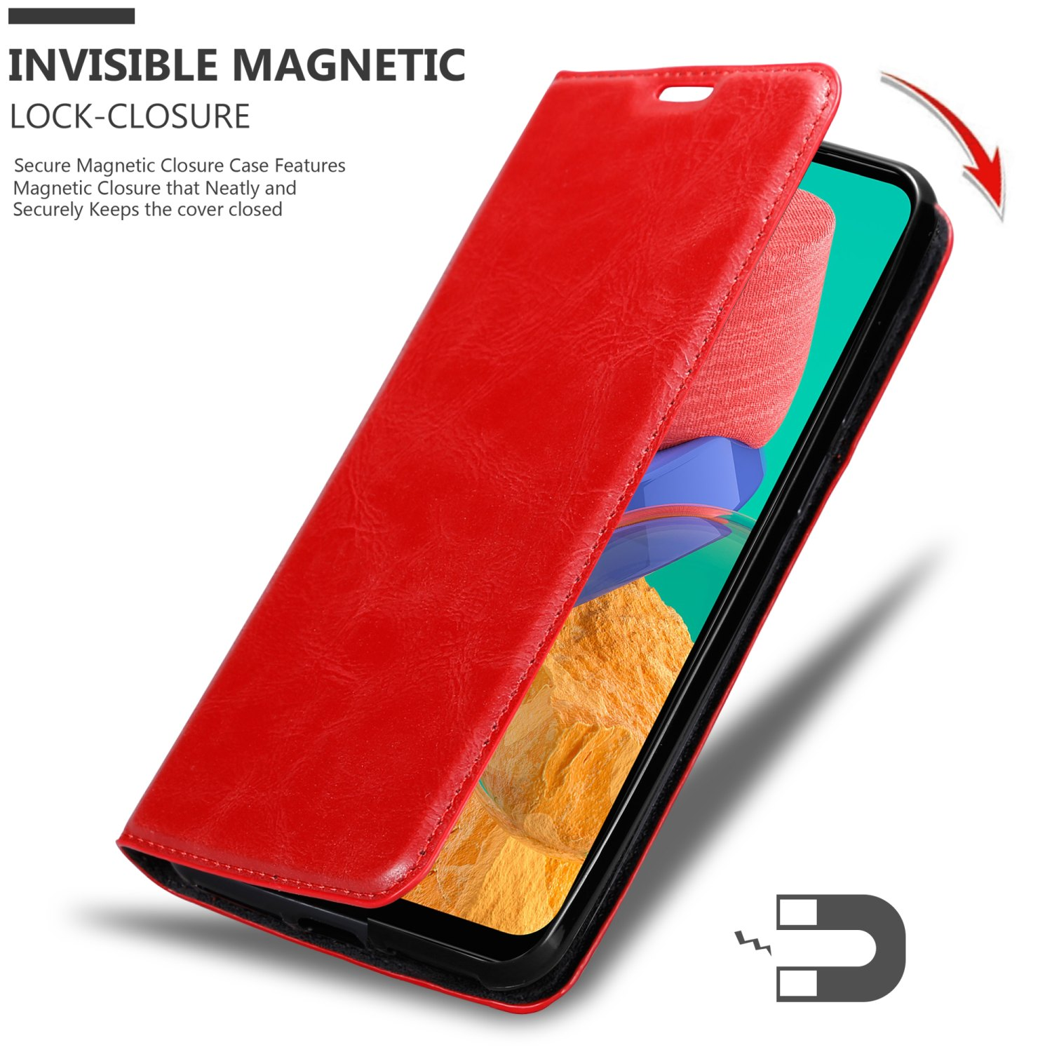 CADORABO Book Hülle Invisible M33 Bookcover, Samsung, 5G, ROT Magnet, Galaxy APFEL