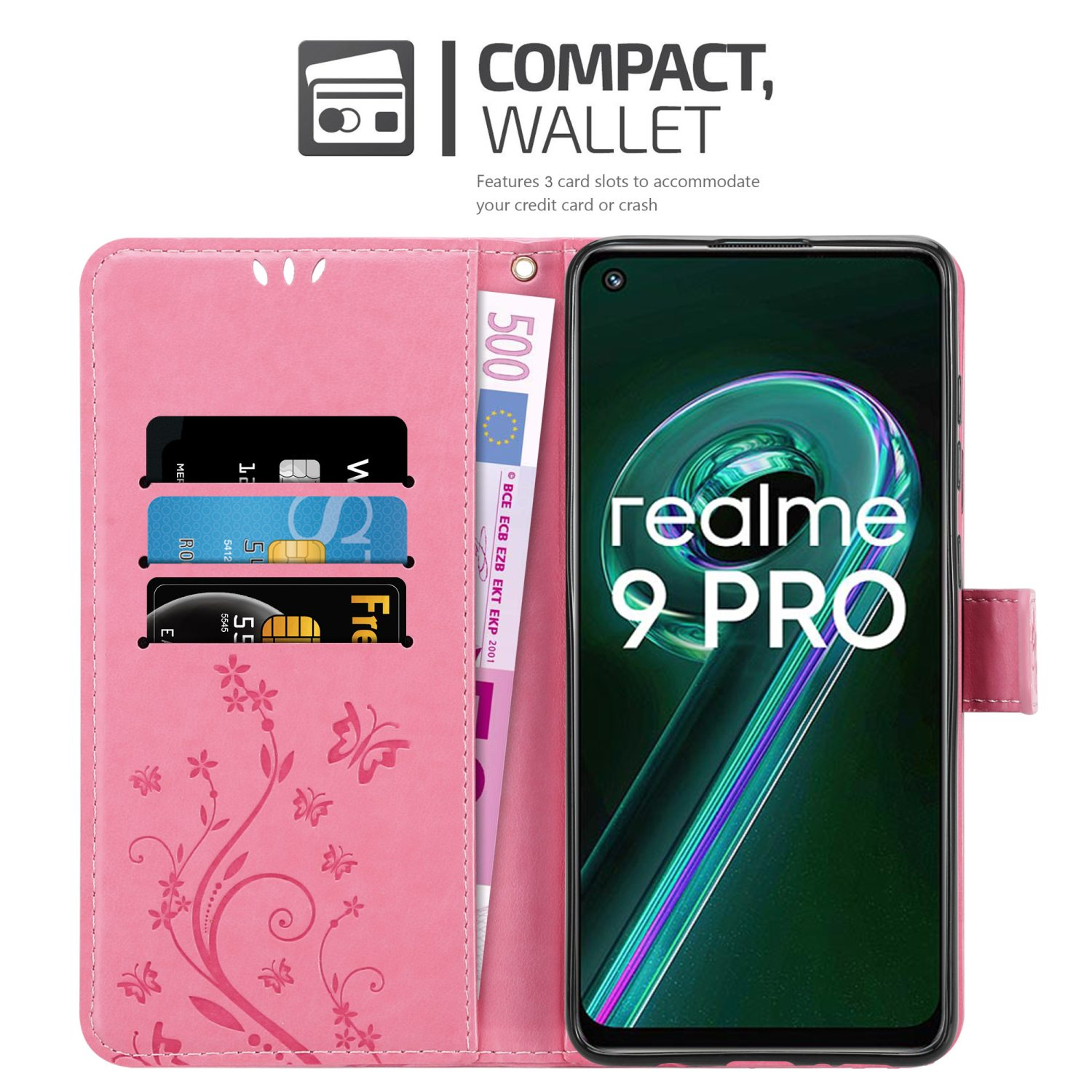 Custodia per telefono rosa con carte e denaro. Il telefono è visibile. Testo: Compatto, Portafoglio.