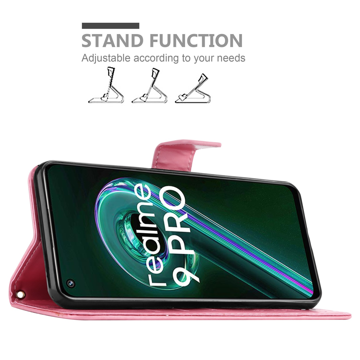 Telefono in una custodia rosa. Il testo recita 'Stand Function'.