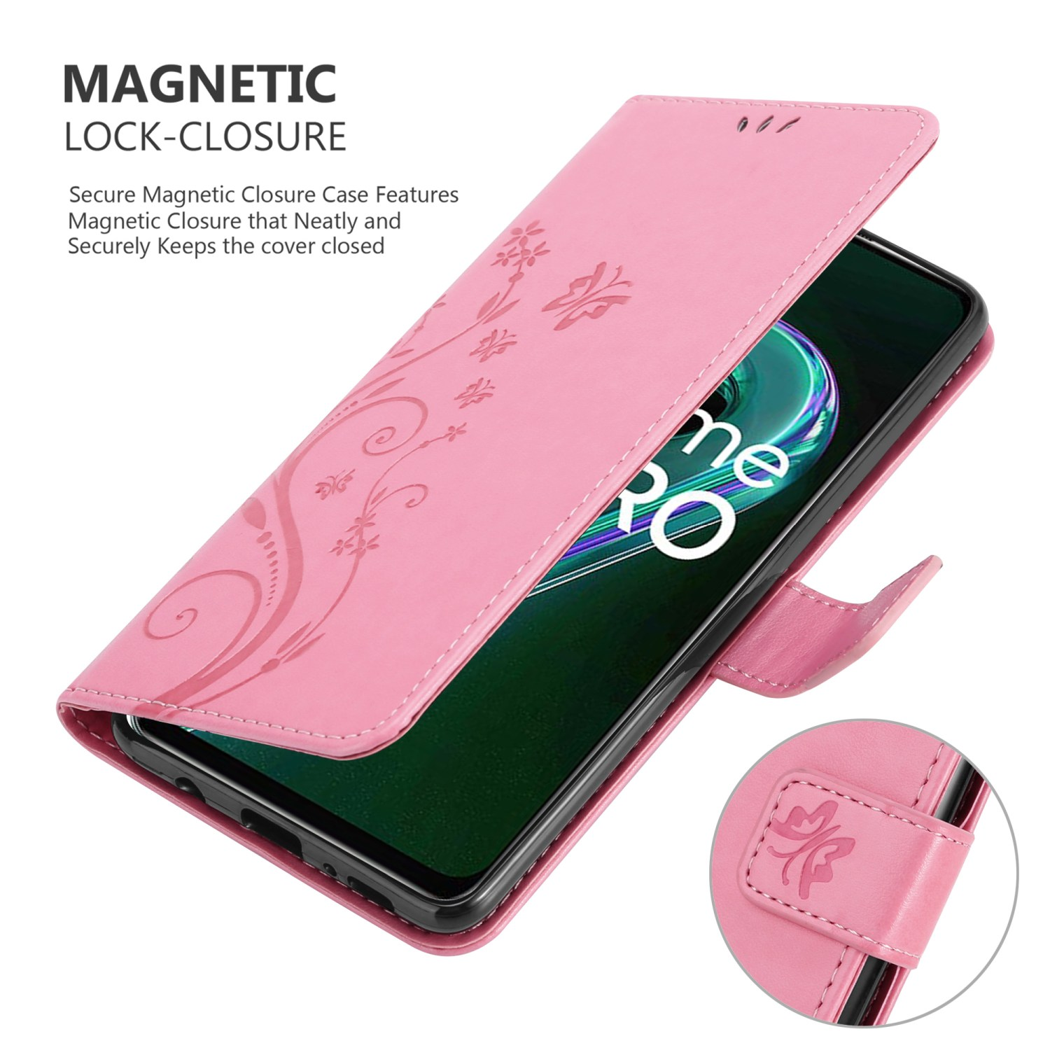Custodia per telefono rosa con design floreale, aperta per rivelare un telefono. La chiusura è sul lato destro.