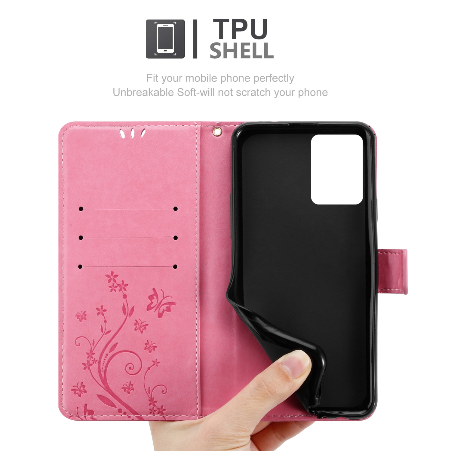 Una custodia per telefono rosa, aperta, con un design floreale e un ritaglio per la fotocamera. È nera all'interno.