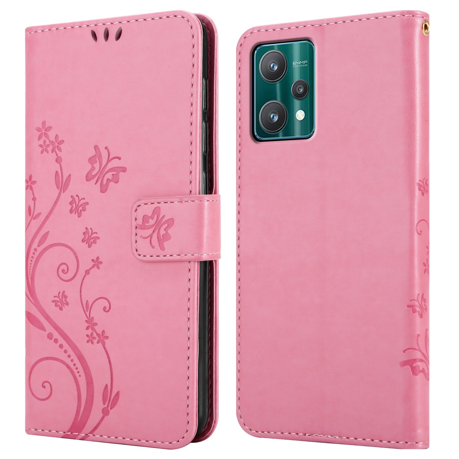 Custodia rosa, design floreale, chiusura magnetica. La custodia è aperta, con un telefono visibile all'interno.