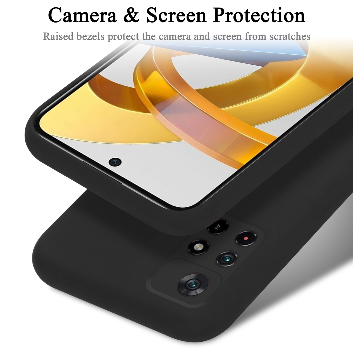 Una custodia nera per telefono protegge un telefono. Ha protezione per fotocamera e schermo.