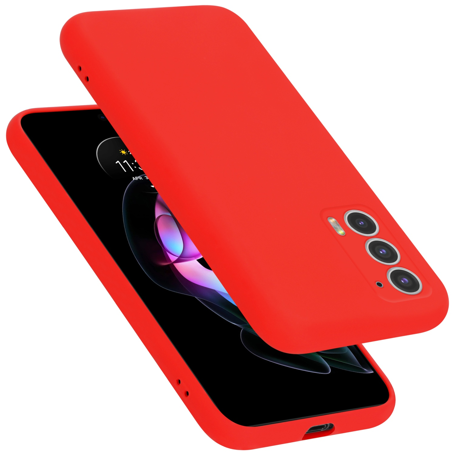 Due custodie rosse per telefono. Una con il telefono dentro, una aperta sopra.