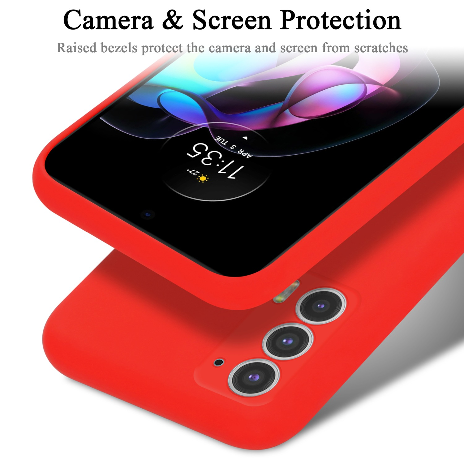 Una custodia per telefono rossa. Il telefono ha uno schermo e una fotocamera. Testo: Protezione fotocamera e schermo.