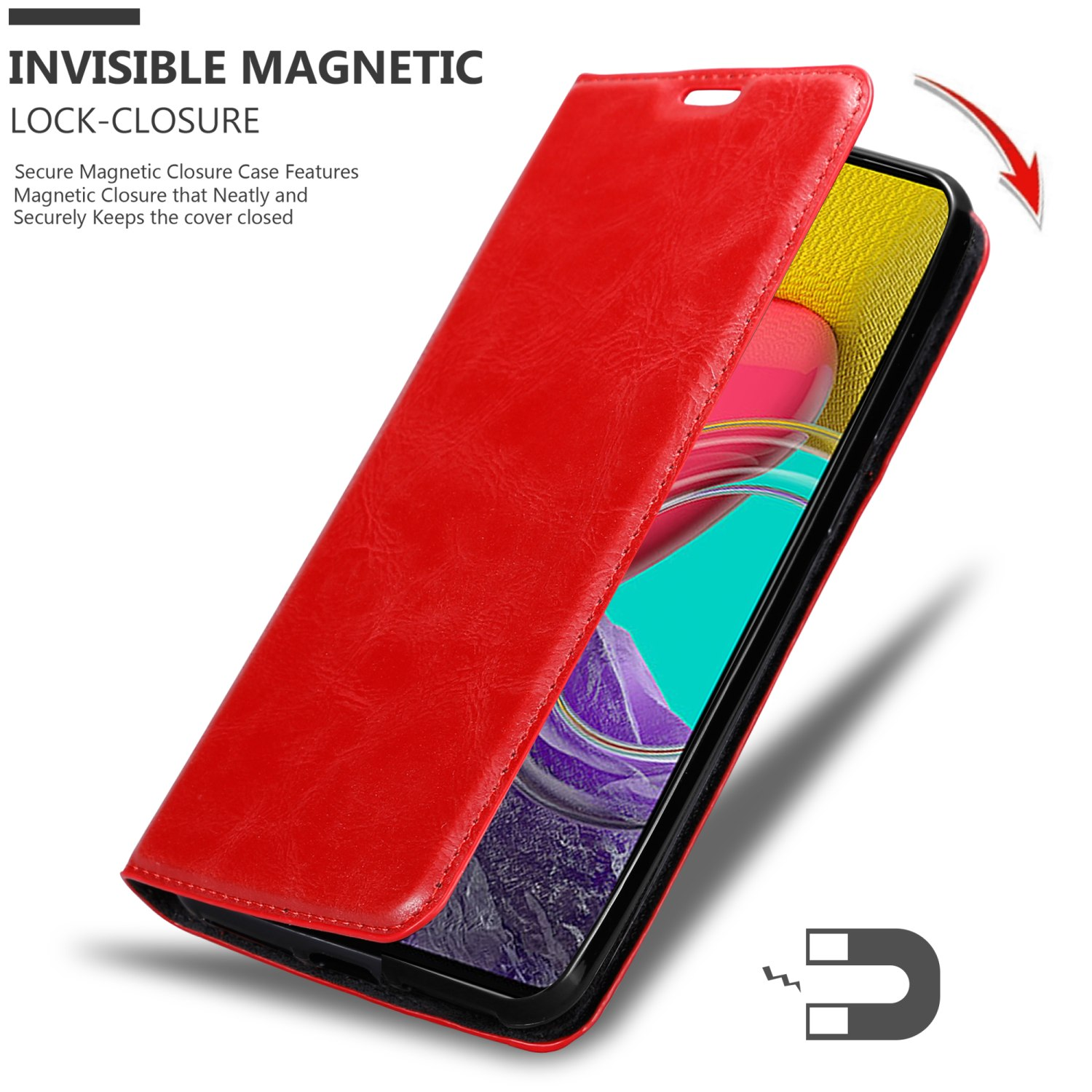 Custodia rossa aperta, rivela schermo del telefono. Chiusura magnetica, freccia indica chiusura.