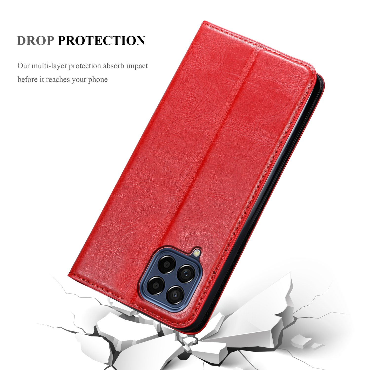 Custodia rossa chiusa, con un telefono dentro. Terreno rotto sullo sfondo.