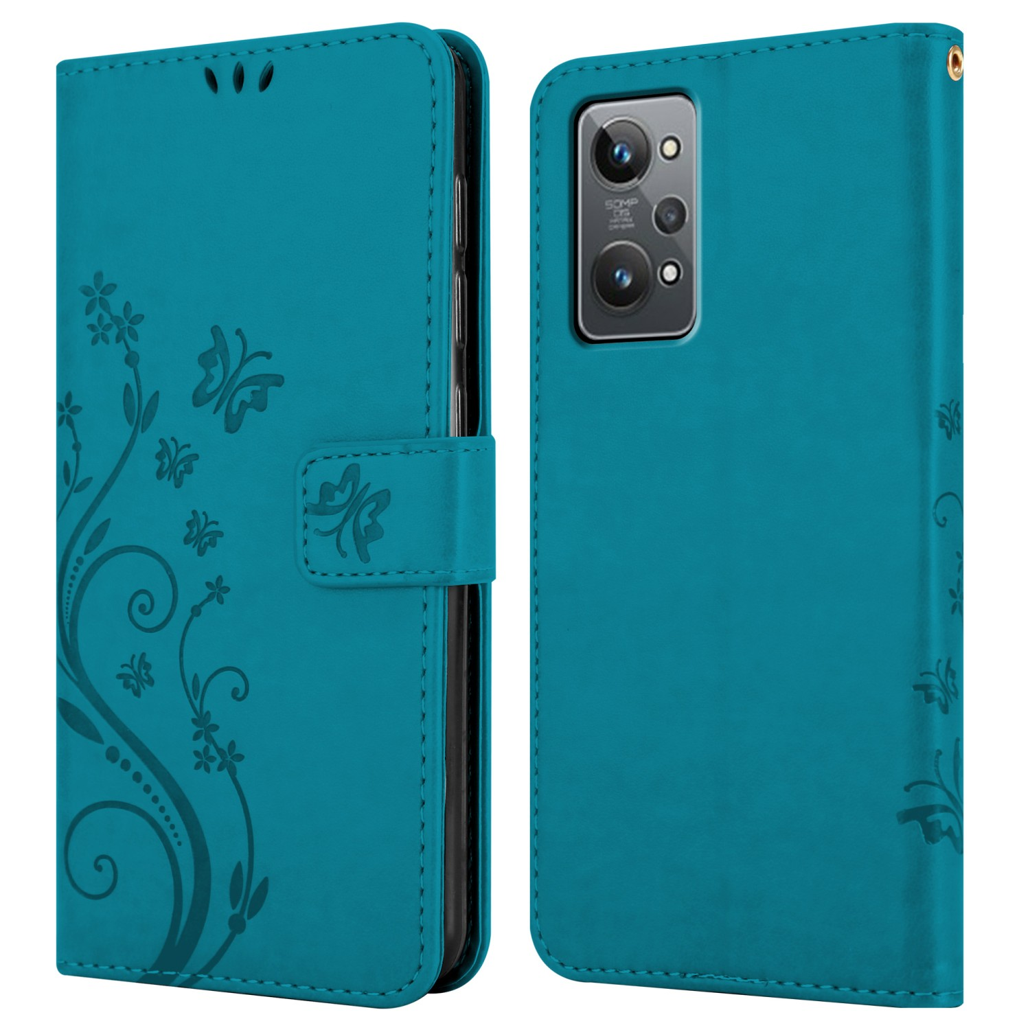 Custodia per telefono verde acqua, aperta, che mostra il telefono, design floreale e farfalla, su sfondo bianco.