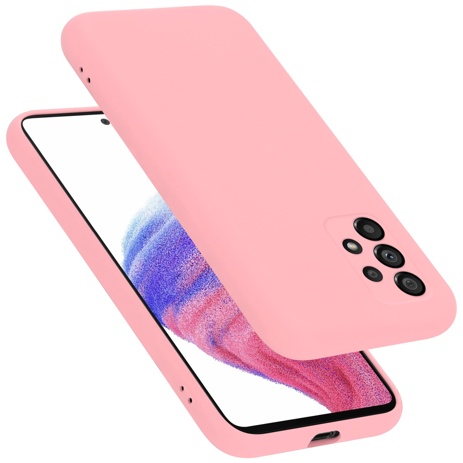 Rosa Handyhülle mit Telefon im Inneren. Eine rosa Hülle, das Telefon ist sichtbar. Weißer Hintergrund.