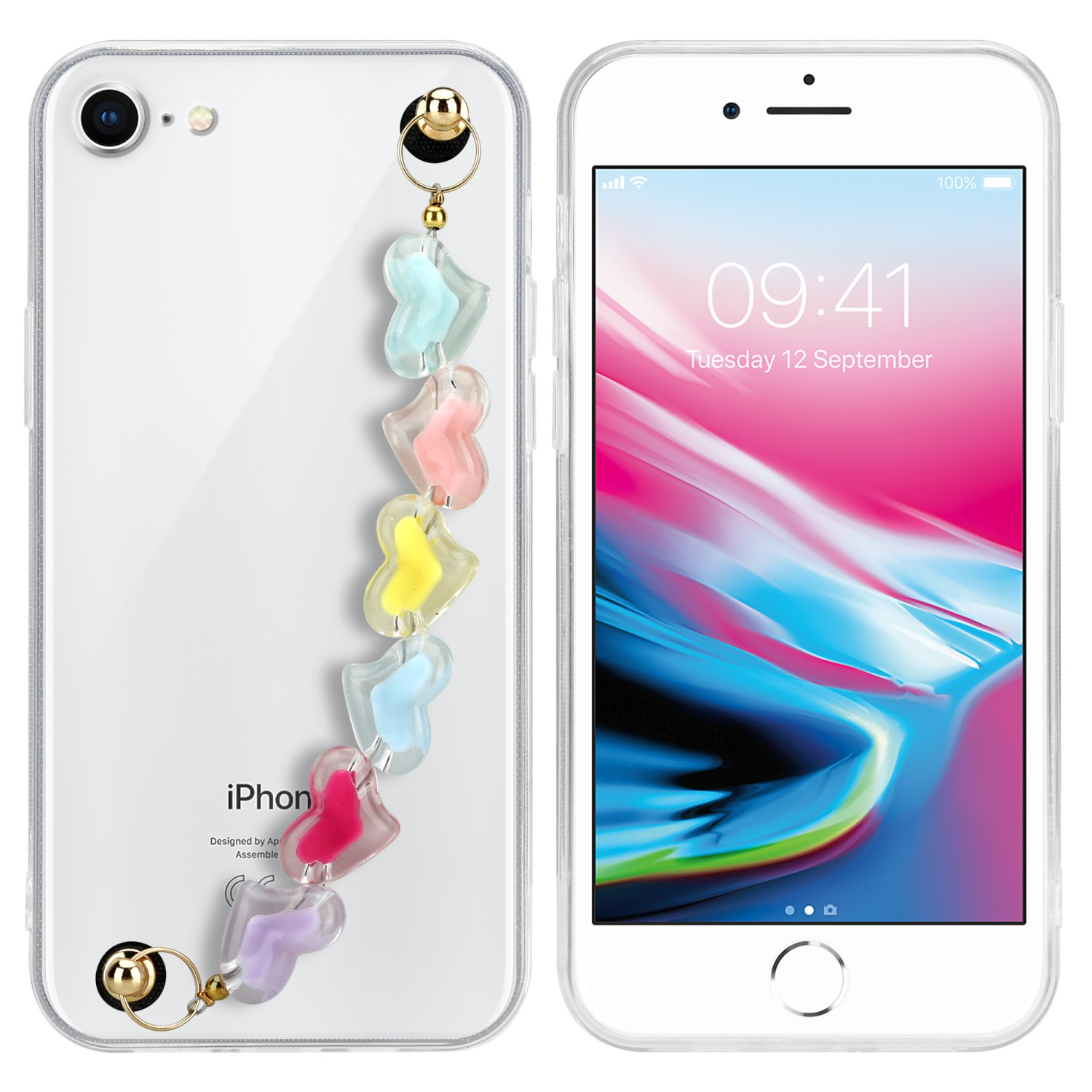 Weißes Telefon mit transparenter Hülle und Trageriemen mit bunten Herzen.