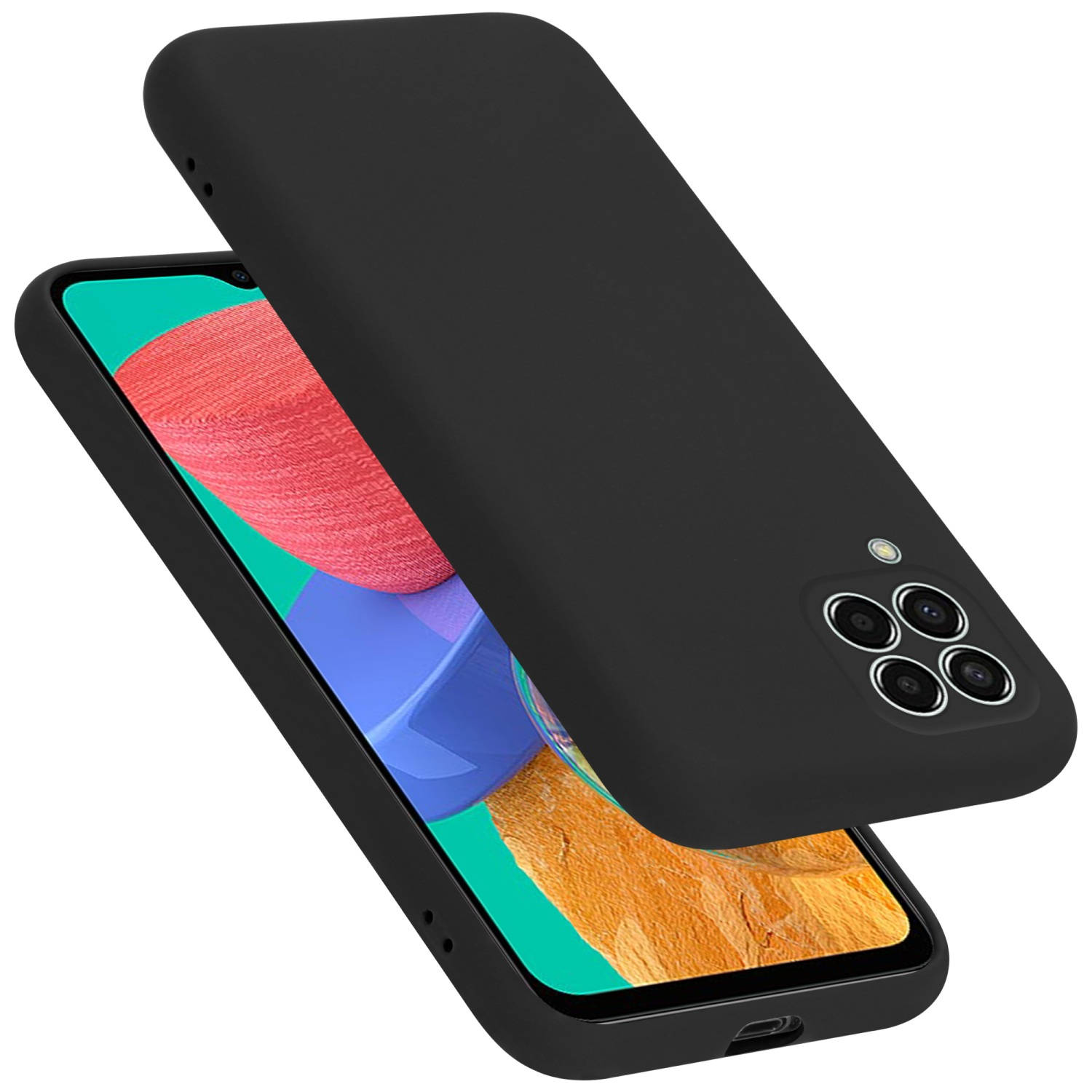 Schwarze Handyhülle und Telefon. Telefon ist sichtbar. Hülle liegt oben.