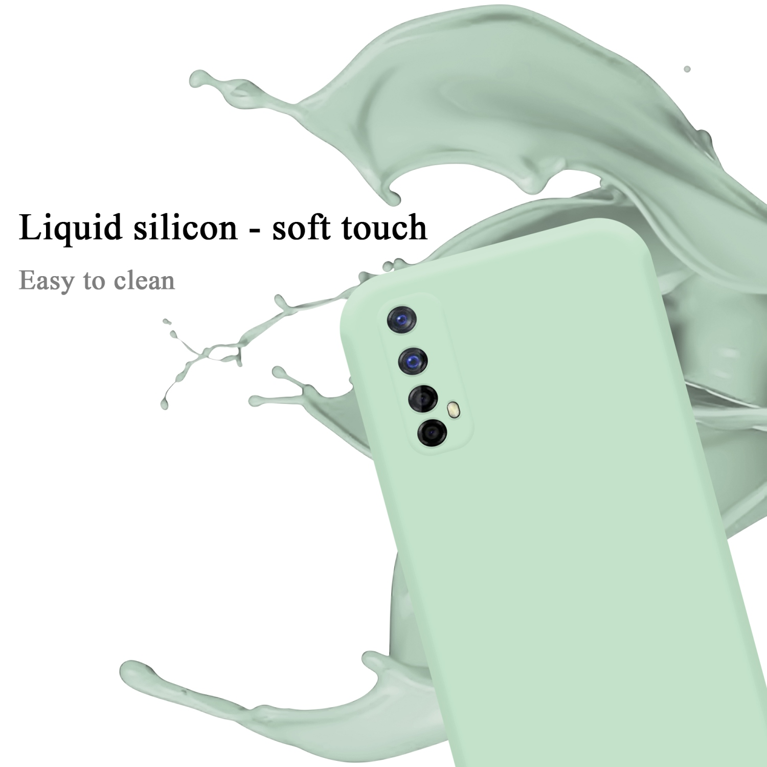 Grünes Telefon mit weißem Spritzer. Das Telefon hat drei Kameralinsen.