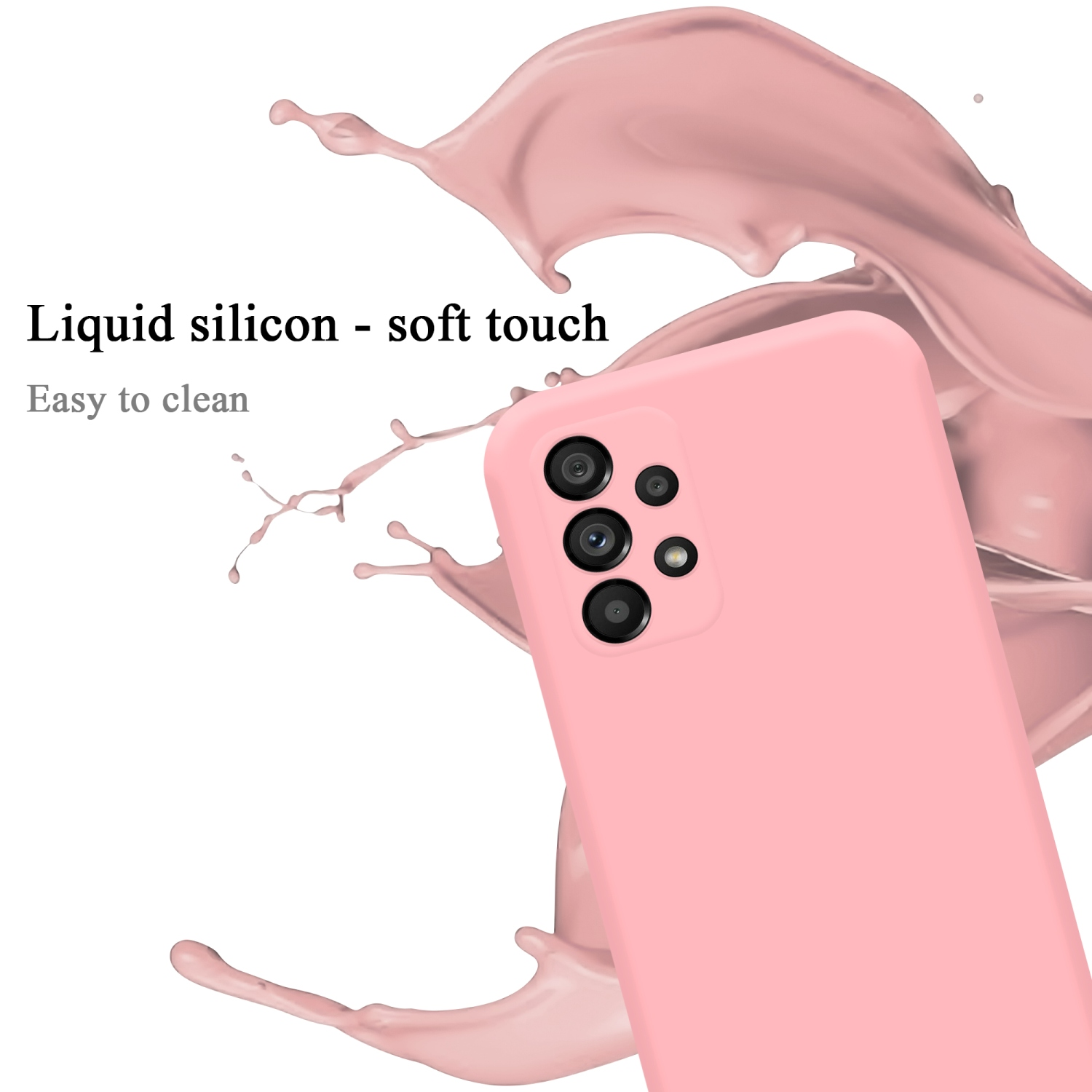 Eine rosa Handyhülle mit einem Telefon darin und einem Spritzer rosa Flüssigkeit. Weißer Hintergrund.