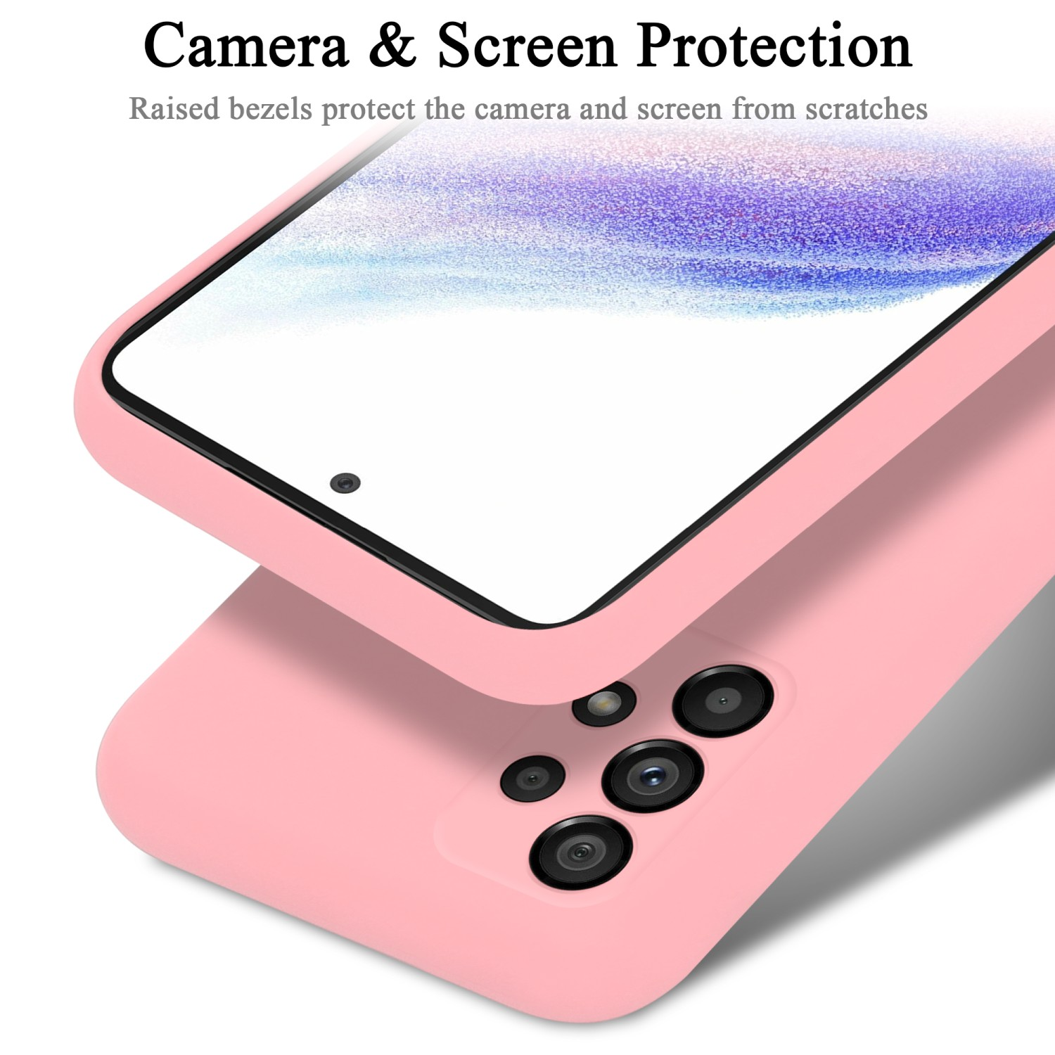 Eine rosa Handyhülle zeigt Kamera- und Bildschirmschutz. Die Hülle befindet sich um ein Telefon mit sichtbaren Kameralinsen.