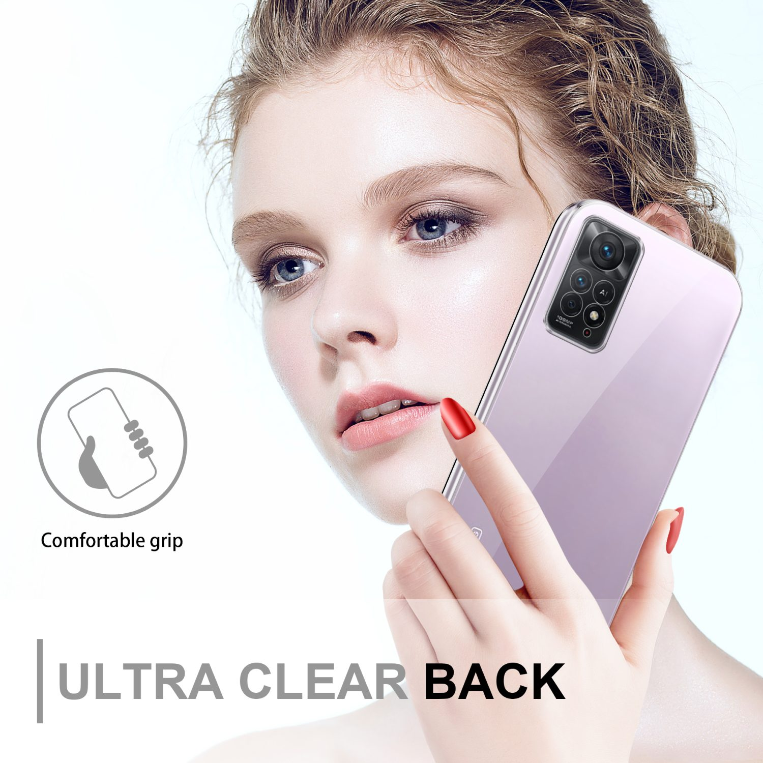 Una donna tiene un telefono con una custodia trasparente. Testo: 'ULTRA CLEAR BACK'.