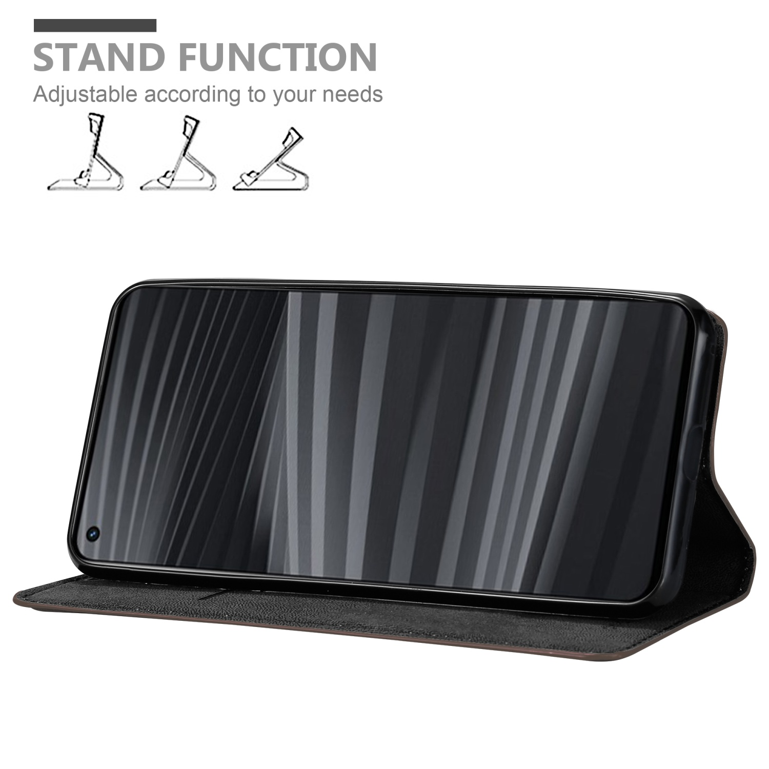 Telefono in una custodia nera aperta, con funzione supporto. Il telefono mostra un design nero, grigio e bianco.