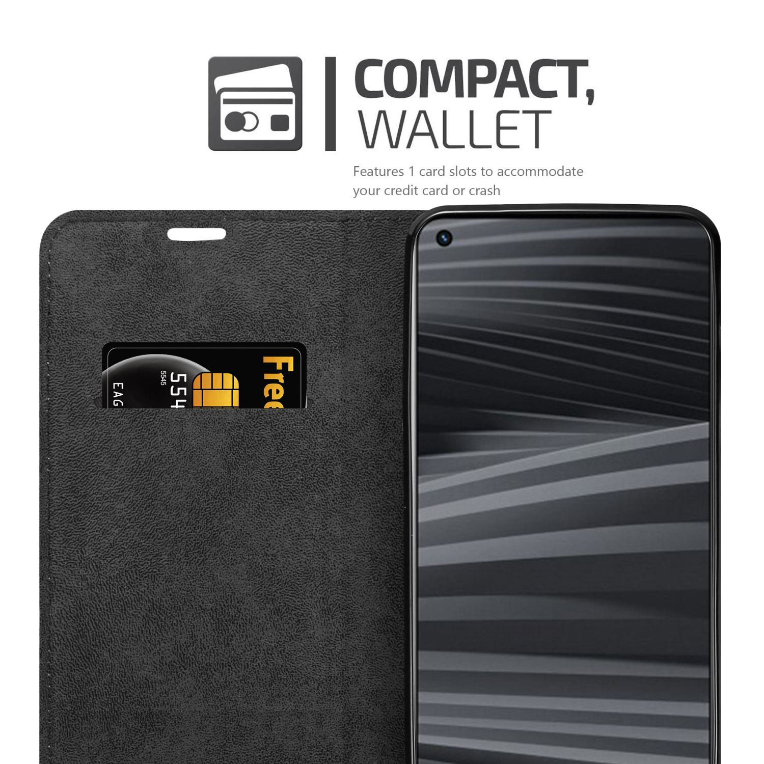 Custodia per telefono nera aperta con telefono e carta all'interno. Il testo dice 'Compact, Wallet'.