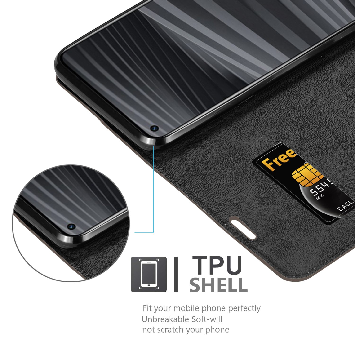 Telefono in custodia nera, che mostra lo slot SIM e una SIM con la parola 'Free'.