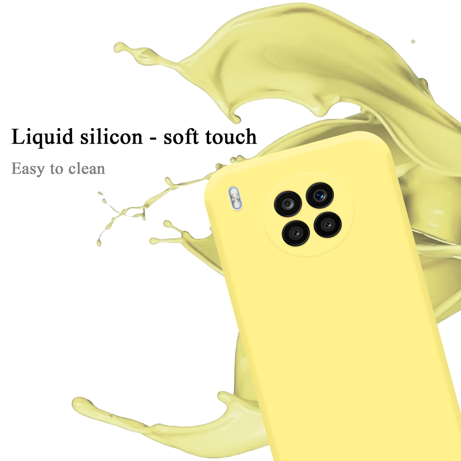 Eine gelbe Handyhülle mit Soft-Touch, mit gelbem Spritzer auf weißem Hintergrund.