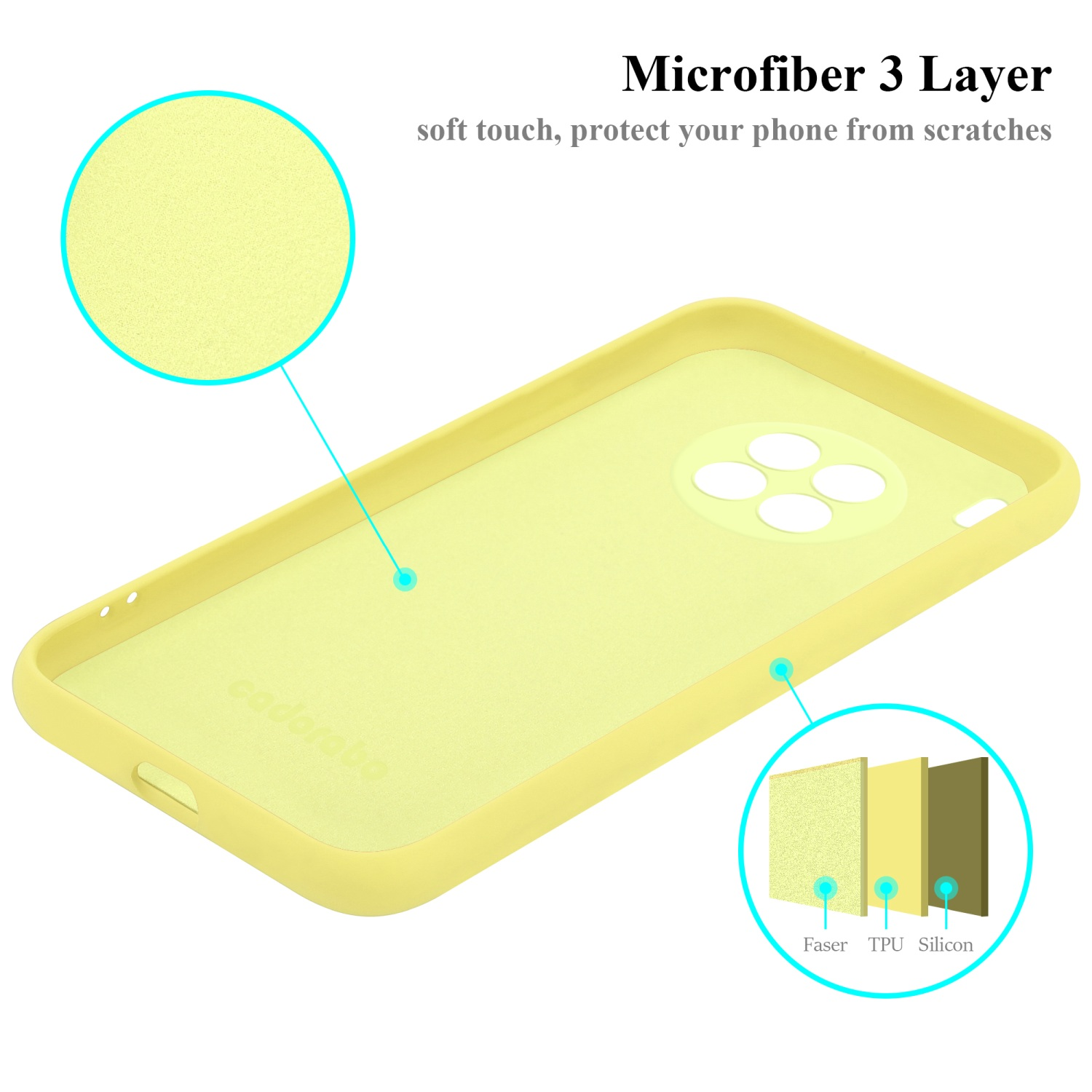 Eine gelbe Handyhülle mit Telefon. Zeigt die Materialschichten. Text: 'cadorabo'.
