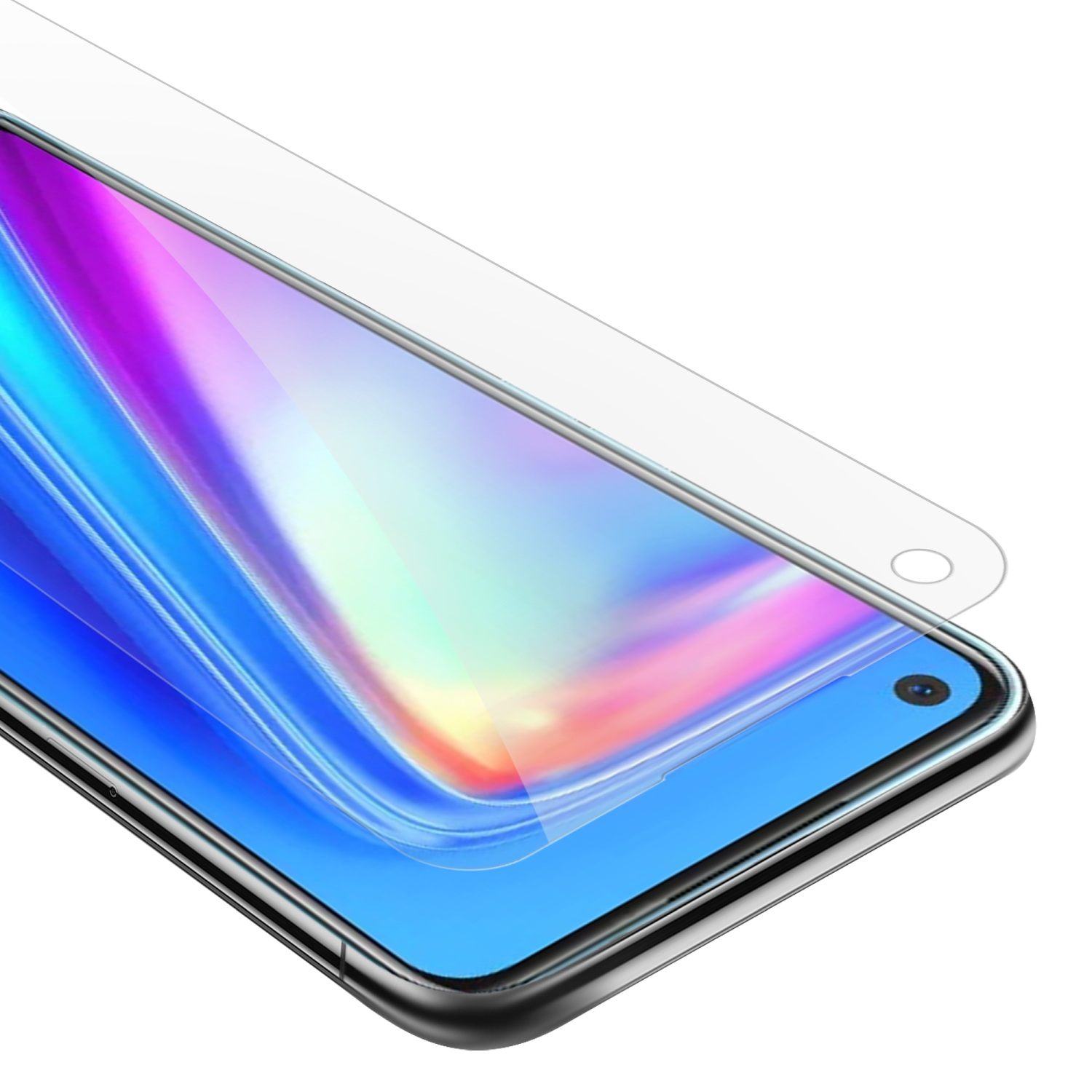 Proteggi schermo su un telefono, con uno schermo che mostra riflessi colorati. Primo piano.