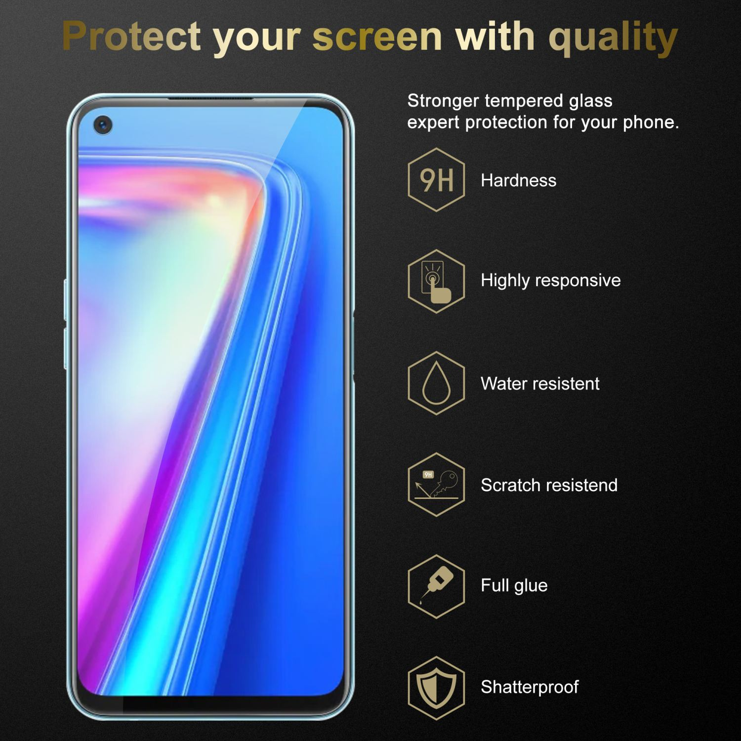Un telefono con protezione schermo. Le icone indicano durezza, reattività, resistenza all'acqua, ai graffi, ecc.