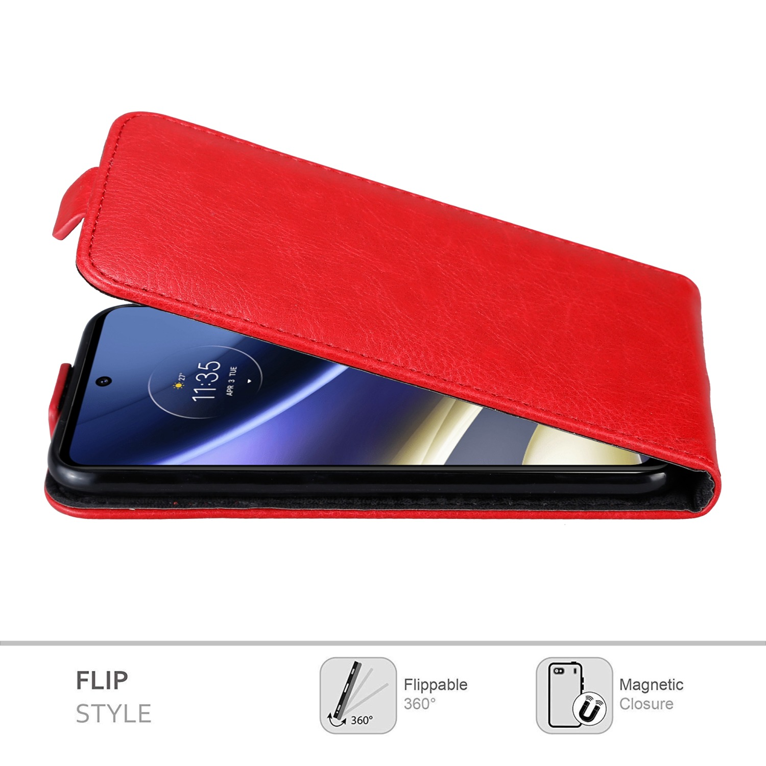 Custodia in pelle rossa, stile flip, aperta. Telefono visibile all'interno. Testo: Stile Flip, Girevole a 360, Chiusura Magnetica.